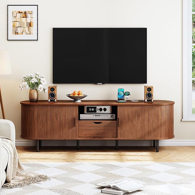 69" TV Stand with Power Outlet for TVs up to 80", Entertainment Center with Storage and Drawer, TV Console with Adjustable Shelves and Sliding Door, TV Stand for Living Room, Bedroom, Walnut