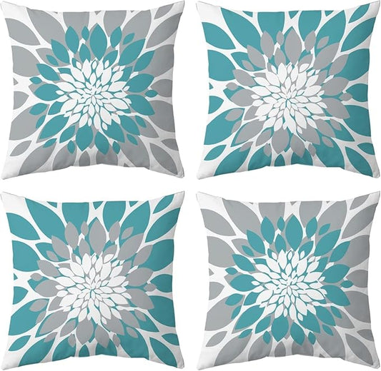 Qahing Pack of 4 Outdoor Waterproof Pillow Covers 16x16 Decorative Outdoor Throw Pillows Garden Square Cushion Cases for Patio Furniture, Couch, Tent Sunbrella, Bench, Teal Turquoise Grey