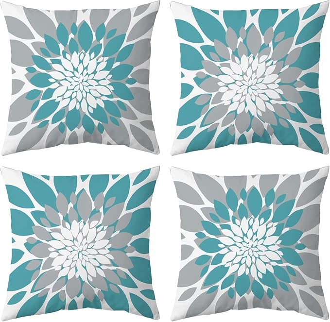 Qahing Pack of 4 Outdoor Waterproof Pillow Covers 20x20 Decorative Outdoor Throw Pillows Garden Square Cushion Cases for Patio Furniture, Couch, Tent Sunbrella, Bench, Teal Turquoise Grey