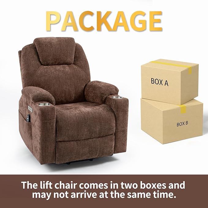 Power Lift Chair with Massage & Heat, Electric Recliner Chairs for Adults, Remote Control, Sofa for Living Room, Standing Assistance, USB Ports, Stainless Steel Cup Holders (Chenille Brown)