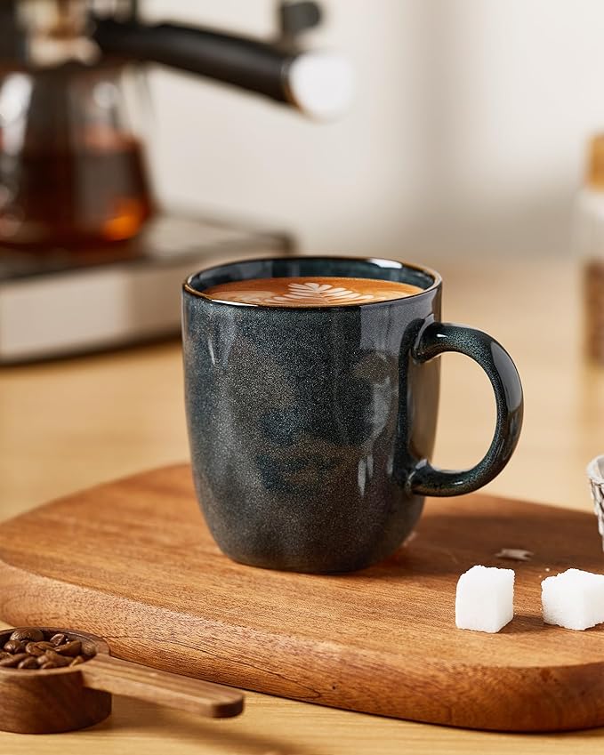 famiware Coffee Mugs Set of 4, Ocean Square 13oz Coffee Cup Set with Handle for Cocoa, Milk, Hot Chocolate, Stoneware Cups for Kitchen, Reactive Glaze, Microwave and Dishwasher Safe, Deep Forest