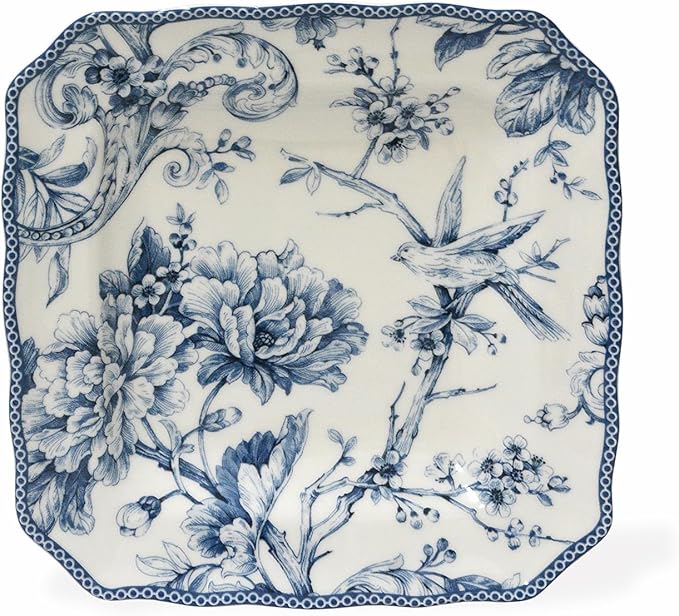 222 Fifth Adelaide 16-Piece Square Floral Dinnerware Set – Service for 4, Blue & White Porcelain Plates & Bowls, for Everyday Dining & Entertainment, Microwave & Dishwasher Safe, Chip Resistant