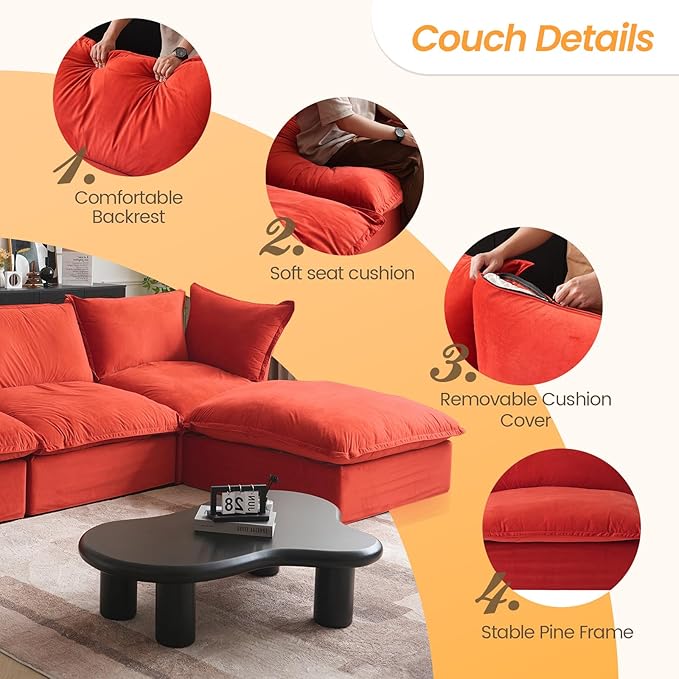 JACH U-Shaped Couches for Living Room, Convertible Sectional Sofa, Modern Deep Seat Soft Cloud Couch, Modular Sectional Sofas with Two Ottomans for Living Room, Apartment (Red)