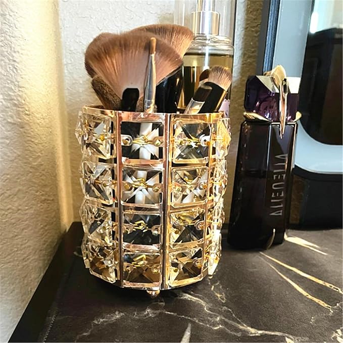 LUGUNU Makeup Brush Holder with Golden Crystal Bling – Elegant Vanity Organizer for Brushes, Pens & Pencils, Ideal for Bathroom or Office Countertop(2Pack)