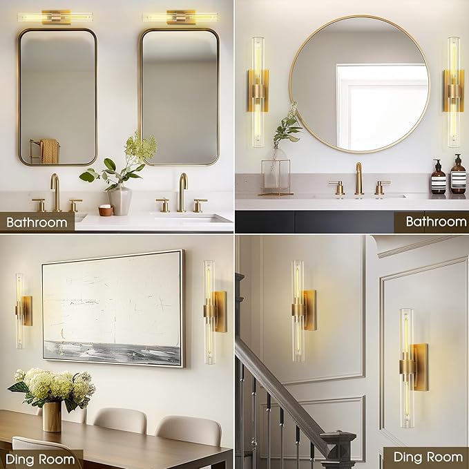 Brass Bathroom Vanity Wall Sconces, 2-Light Glass Tube Wall Sconces, 24 Inch Horizontal or Vertical Linear Wall Sconces,Gold Vanity Light, Indoor Wall Sconces, E26 Bulb Included