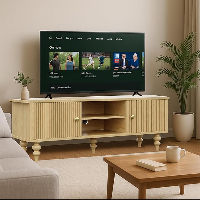 Modern Wood TV Stand for 55 Inch TV, Retro Media Console with Storage Cabinets & Shelves, Solid Wood Entertainment Center with Fluted Doors, Mid Century Style TV Cabinet, Nature