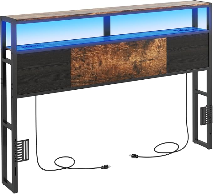 Queen Size Headboard, Headboards with Charging Station, USB Port and LED Light, Head Board with 2-Tier Storage Shelf, Adjustable Height, Easy Assembly, Sturdy and Stable, Rustic Brown