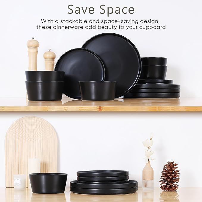 Herogo 12 Pieces Stoneware Dinnerware Set, Service for 4, Dinner Plates and Bowls Sets, Double Reactive Glaze Dishes Set for Kitchen, Scratch Resistant, Dishwasher Safe, Matte Black