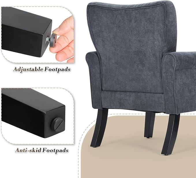 Athena Collection Mid Century Accent Chair with Rubberwood Legs, Upholstered Modern Armchair with High Back, Tufted Backrest and Angled Back Legs for Living Room, Bedroom, Vanity, Lava Gray