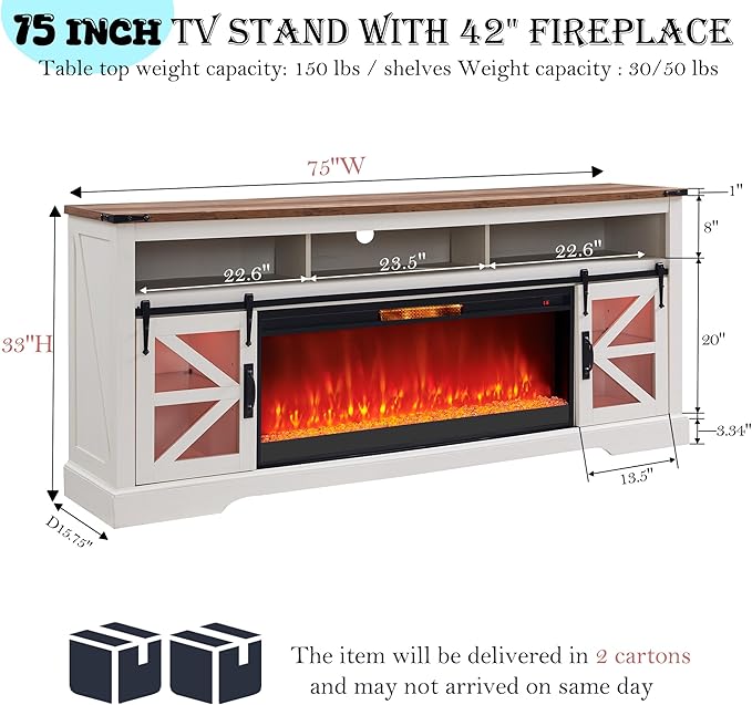 OKD Fireplace TV Stand for 85" TV, 33" Tall Highboy Farmhouse Entertainment Center w/ 42'' Electric Fireplace & LED Light, Rustic Media Console w/Sliding Barn Door for Living Room, Antique White