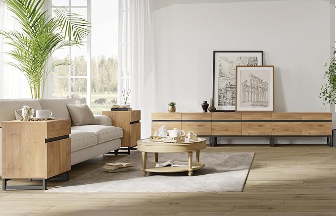 WAMPAT TV Stand and End Table Set of 3, Living Room Table Sets, 106 Inch TV Stand and 2 End Table Set with Drawers for Living Room, Entertainment Center, Console TV Table, Oak