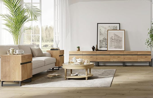 WAMPAT TV Stand and End Table Set of 3, Living Room Table Sets, 106 Inch TV Stand and 2 End Table Set with Drawers for Living Room, Entertainment Center, Console TV Table, Oak