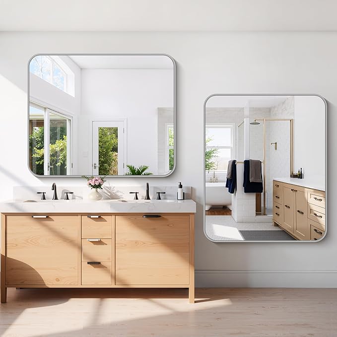 48x40 Inch Silver Bathroom Mirror, Large Rectangle Mirror, Metal Framed Rectangular Vanity Mirror, Rounded Corner Wall Mounted Mirror for Living Room Bedroom Entryway Horizontal or Vertical
