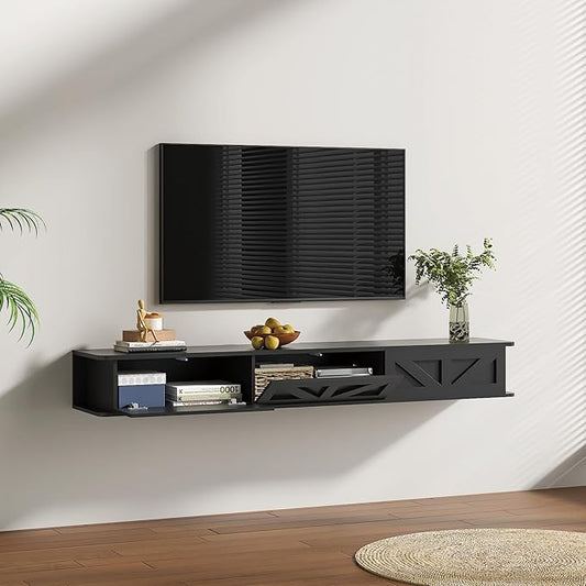 Black Floating TV Stand for 43 55 65 70 inch TV, Entertainment Center Media TV Console Shelf and Storage Drawers for Wall for Living Room Bedroom
