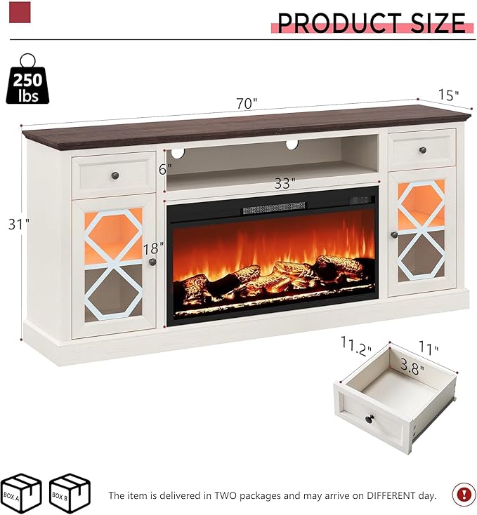 70" Farmhouse Heavy Fireplace TV Stand with 37" Electric Fireplace, TV Console Cabinet with Diamond Door for Living Room, Large LED Entertainment Center with Storage for 80" TVs, White