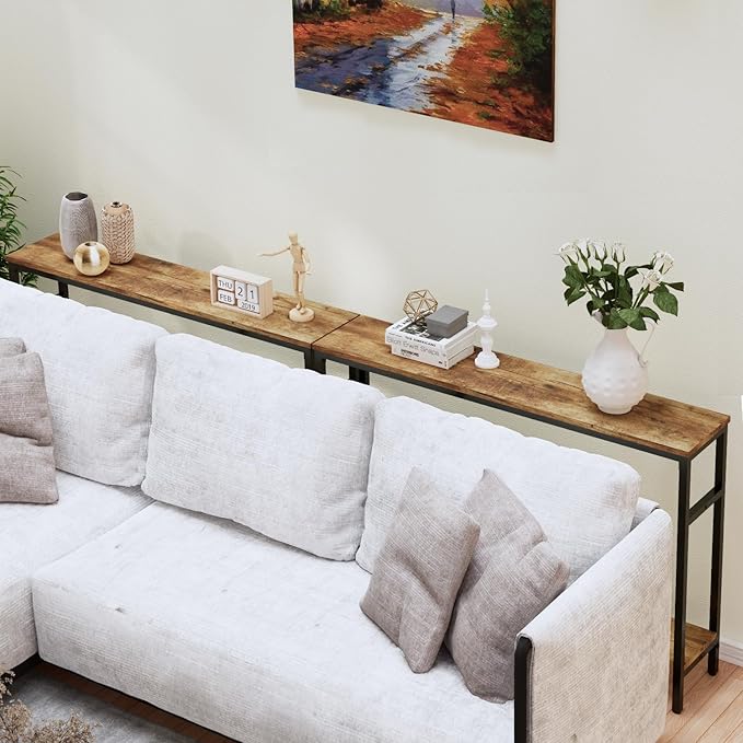 Narrow Console Table, 47 Inch Sofa Table with Adjustable Shelf, 2-Tier Long Skinny Table for Hallway, Entryway, Living Room, Foyer, Rustic Brown