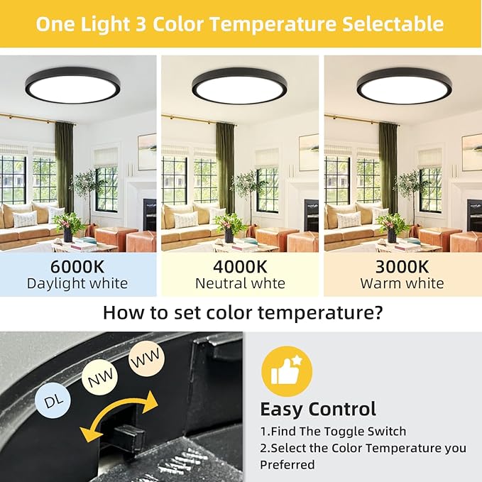 Led Flush Mount Ceiling Light,16 Inch 32w 3480lm,3000k/4000k/6000k 3CCT Selectable, Round Modern Flat Panel Super Slim Led Ceiling Light,for Living Dining Kitchen Bedroom Room (1Pack-Black)