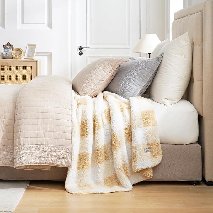 Cozy Bliss Ultra Soft Reversible Double Sherpa Sided Blanket, Buffalo Plaid Throw Blanket Fluffy Thick Warm Plush Fuzzy Blanket for Couch, Bed and Gifts (Beige, 60" x 80")