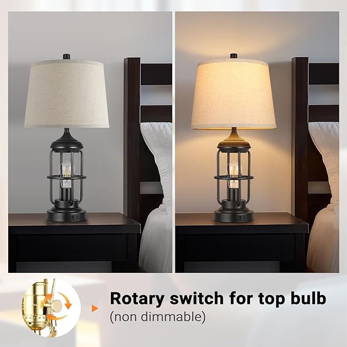 QiMH Table Lamp for Bedroom with USB A+C Ports, Farmhouse Bedside Lamp with Night Light, 3-Way Dimmable Touch Control, Rustic Industrial Nightstand Lamp for Living Room,Bulbs Included,Black, 1 Pack
