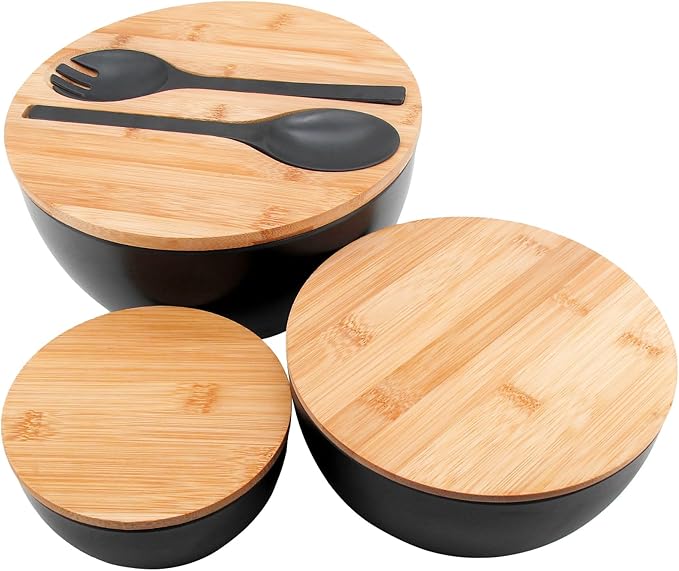 Salad Bowls Set of 3 with Lid & Serving Utensils, Bamboo Fiber Mixing Bowls Set Large Serving Bowls & Storage Set with Bamboo Lid for Salad, Kitchen Eating, Pasta, Popcorn, Chips, Fruit, Black