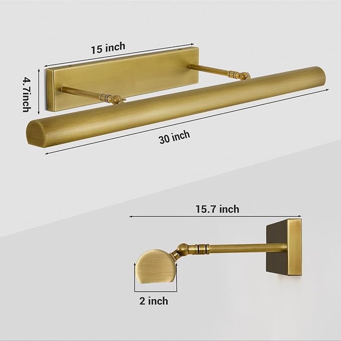 Brass Picture Light, 30inch Picture Lights for Wall, Hardwired Wall Lights for Picture, Large Wall Picture Light, Dimmable Picture Lights, Art Light for Painting Display Artwork Portrait