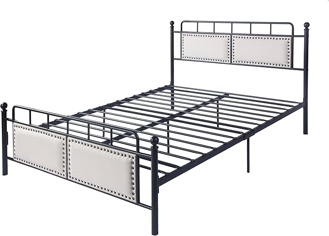 Bed Frame Upholstered Platform Vintage with Tufted Head Board Mattress Foundation with Metal Slats Full Size Industrial for Bedroom Students Kids Adults Storage Under Bed 500lbs (Black Metal 3, Full)
