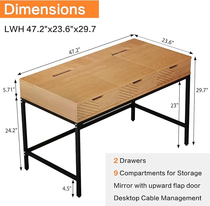 TEKAMON 47" Makeup Vanity Desk with Mirror，Girls Vanity Dressing Table for Bedroom, Home Office/Computer Desk with 2 Drawers, Study Desk with Cable Management, Natural Wood
