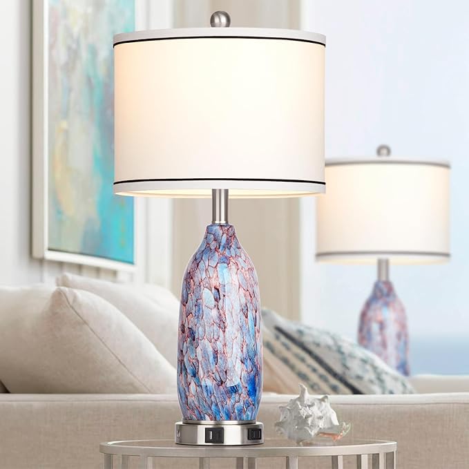 26" Coastal Glass Table Lamps Set of 2 for Living Room, 3 Way Touch Bedside Lamp for Bedroom, Nautical Beachy Lamp with USB A+C Ports and AC Outlet for Nightstand, 2 LED Bulbs Included