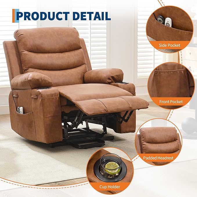 Power Lift Recliner PU Chair for Elderly, with Massage & Heat, Big and Tall Living Room or RV Single Sofa for Adults, 135° Reclining Accent Chairs, 2 Cup Holders and Side Pockets (Brown Leather)