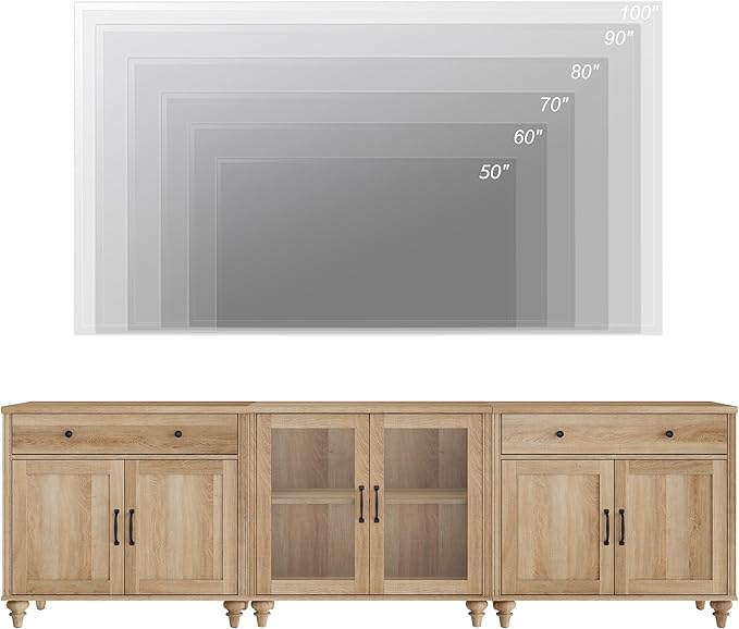 WAMPAT Farmhouse TV Stand for 100 Inch TV, 3-in-1 TV Console Table for 75/80/85/90 Inch TV, Entertainment Center with Glass & Wood Door, Kitchen Sideboard Buffet Cabinet for Dining Room, Oak