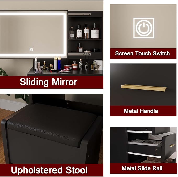 Makeup Vanity Desk with Mirror and Lights, Vanity Desk with 5 Drawers & Storage Shelves, Makeup Vanity Set with Cushioned Stool, 3 Modes Adjustable Sliding LED Mirror for Bedroom, Black