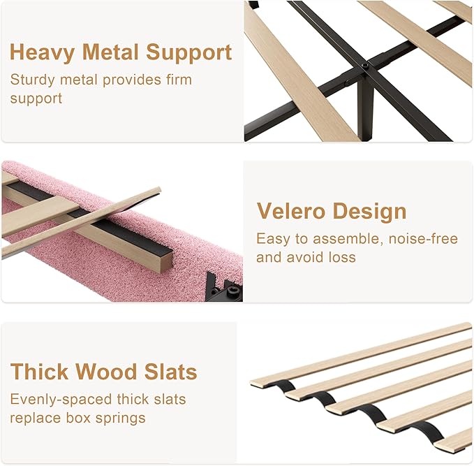 Full Size Boucle Platform Bed Frame, Anti-Collision Soft Rounded Corners, Adjustable Headboard, No Box Spring Needed, Easy Assembly, Noise Free, Pink