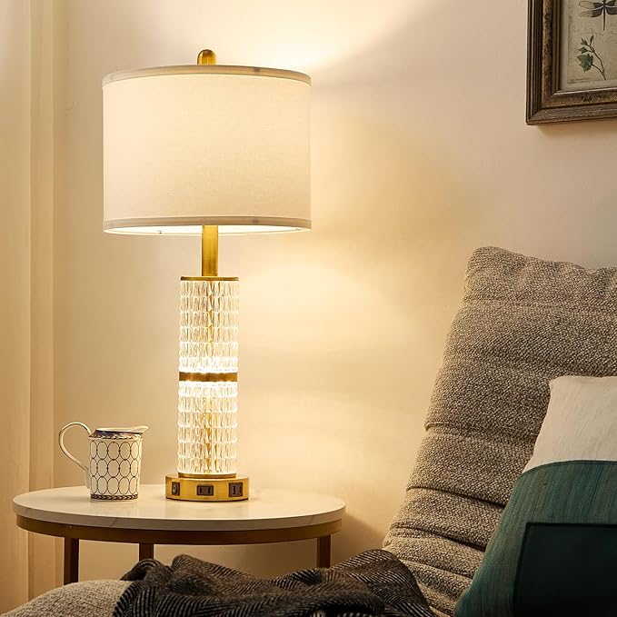 Crystal Table Lamp Set of 2, Modern Touch Lamp with Nightlight, 3-Way Dimmable Bedroom Lamp with 2 USB Ports & AC Outlets for Living Room Bedside Nightstand Lamp