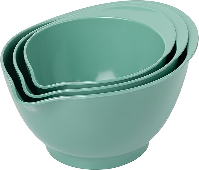LEHAHA Mixing Bowls with Pour Spout, set of 3, Non-Slip, Nesting and Saving Space Design, Versatile Melamine Bowl with large handle for Prepping, Baking, Cooking, Kitchen Cooking and Baking. Green