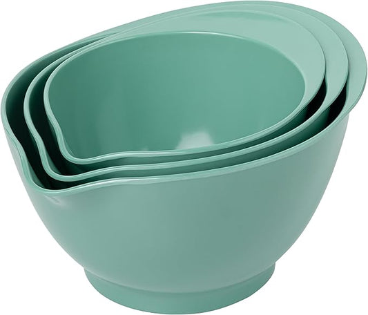 LEHAHA Mixing Bowls with Pour Spout, set of 3, Non-Slip, Nesting and Saving Space Design, Versatile Melamine Bowl with large handle for Prepping, Baking, Cooking, Kitchen Cooking and Baking. Green