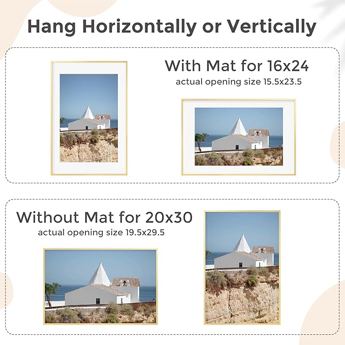 20x30 Metal Picture Frame for Wall With Mat for 16x24, 20''x30'' Aluminum Photo Frames With Tempered Glass for Home Decor, Minimalist Modern Poster Frame Horizontal And Vertical Formats, Gold