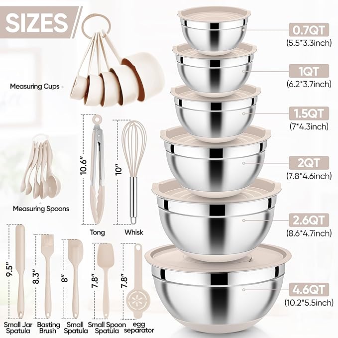 E-far 25PCS Mixing Bowls with Lid Set, Stainless Steel Nesting Prep Bowls with Grater Attachments Non-Slip Bottoms for Cooking, Serving, Food Storage, 4.6/2.6/2/1.5/1/0.7QT - Khaki