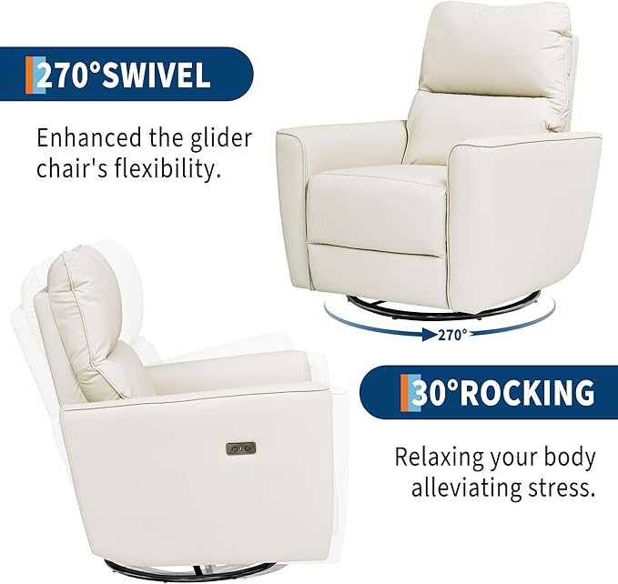 GarveeHome Power Recliner Chair Swivel Glider Upholstered Faux Leather Nursery Rocker Reclining Sofa Chair with Charging Port, Curved Armrests & Padded Backrest (Beige)