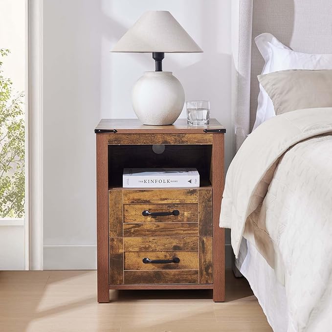 Farmhouse Night Stand, Rustic Brown Nightstand for Bedroom, End Tables Without Charging Station, Bedside Table with Drawers, Wood Bedside Cabinet Dresser