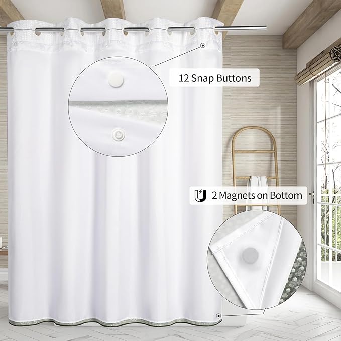 MitoVilla No Hooks Needed Extra Long Shower Curtain with Snap-in Liner, 86 inch XL Emerald Green Ombre Heavyweight Waffle Fabric Cloth Shower Curtains for Modern Luxury Hotel & Spa Bathroom Decor