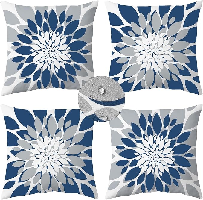 Qahing Pack of 4 Outdoor Waterproof Pillow Covers 18x18 Decorative Outdoor Throw Pillows Garden Square Cases for Patio Furniture, Couch, Tent Sunbrella, Bench, Blue Grey
