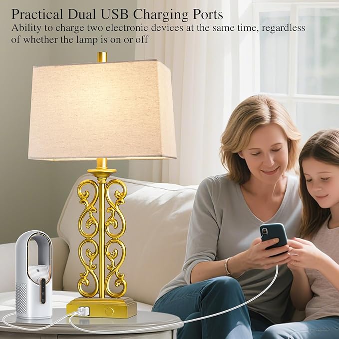 25" Modern Touch Resin Table Lamps Set of 2 for Living Room Bedroom, 3-Way Dimmable with Dual USB Ports, Vintage Nightstand Lamp for Home Office Hotel, 2 Bulbs Included (Gold)