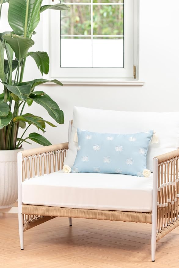Hofdeco Premium Coastal Hampton Style Patio Indoor Outdoor Lumbar Pillow Cover Only, 12"x20" Water Resistant for Backyard, Couch, Baby Blue Embroidered Palm Leaf Tassel