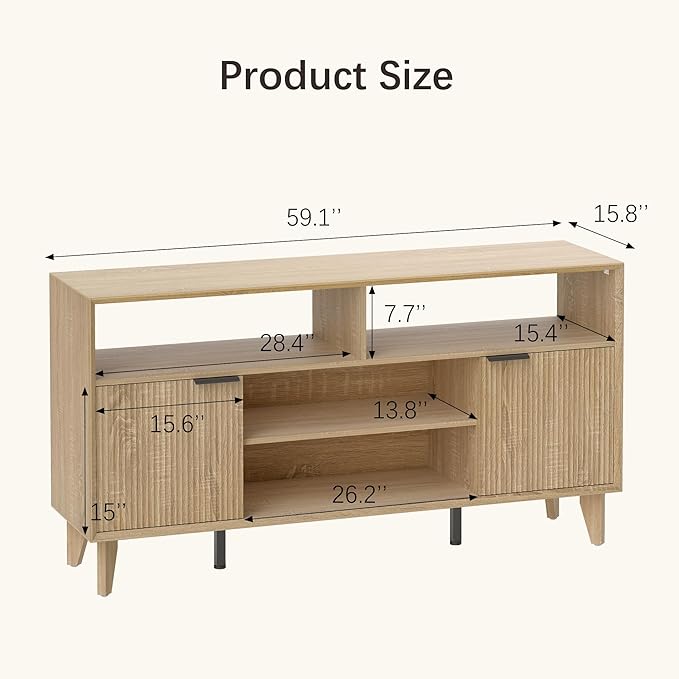 Fluted TV Stand for 70 inch，Entertainment Center with Storage Cabinets, Modern TV Console with Open Adjustable Shelves, TV Stand for Living Room Bedroom, Natural