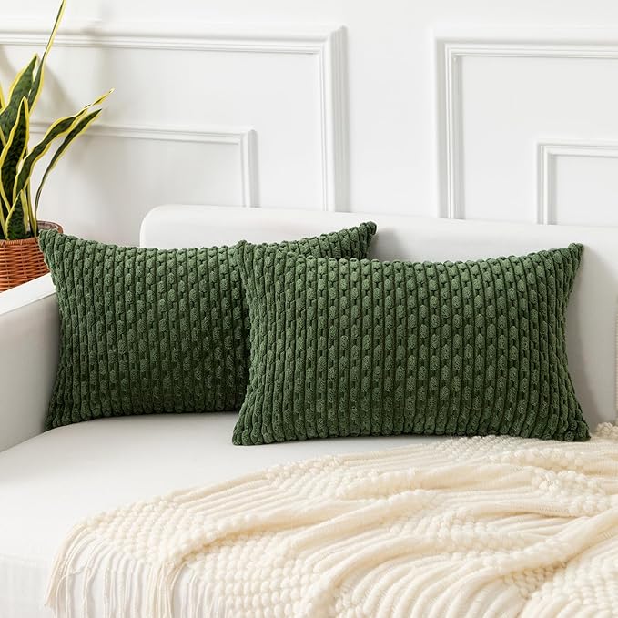 Kevin Textile Throw Pillow Covers Soft Corduroy Decorative Set of 2 Boho Striped Pillow Covers Pillowcases Farmhouse Home Decor for Couch Bed Sofa Living Room 12x20 Inch Moss Green
