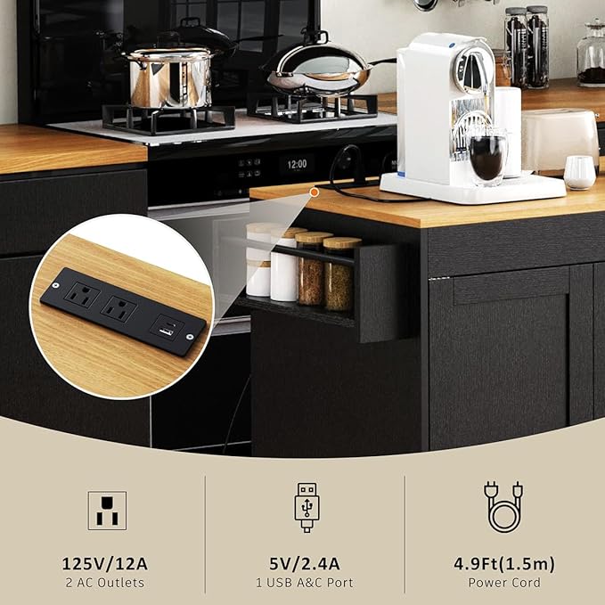 74.8" Rolling Kitchen Island with Extendable Dining Table, Kitchen Storage Cart with 3 Drawers and Power Outlet, Mobile Island Table with Spice Rack and Double-Door Cabinet (Black)