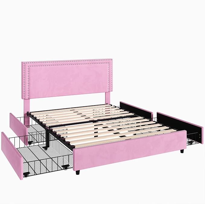 VECELO Queen Size Upholstered Platform Bed Frame with 4 Storage Drawers, Adjustable Velvet Rivet Decor Headboard, Wooden Slats Support, No Box Spring Needed, Easy Assembly
