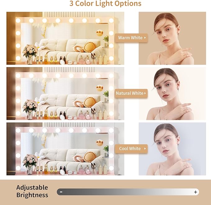 VOWNER Vanity with Lighted Mirror - Makeup Vanity Desk with 11 Drawers and Outlet, 3 Color Lighting Modes Adjustable Brightness, 46" Vanity Table with Soft Cushioned Stool for Bedroom, Pink