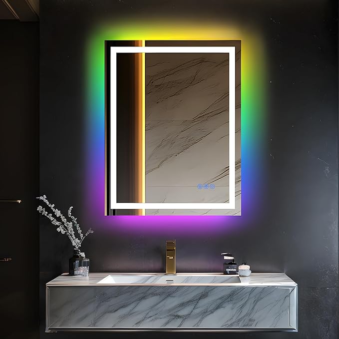 Antok 28"x 36" LED Bathroom Mirror with Lights, Anti-Fog, Dimmable, Lighted Vanity Mirror with Tempered Glass, Memory Function, 11 Light Modes, Safe Use, Horizontal, Vertical