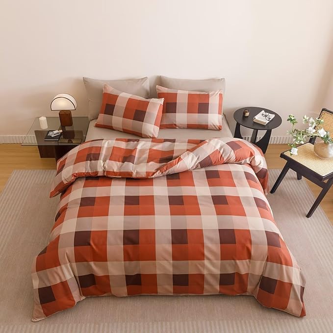 Luxlovery Gingham Red Comforter Set Queen Checkered Bedding Set Women's Bedding Grid Bedding Set Fluffy Soft Cottagecore Khaki and Brick Red Blanket Quilts with 2 Pillowcases Queen Bed